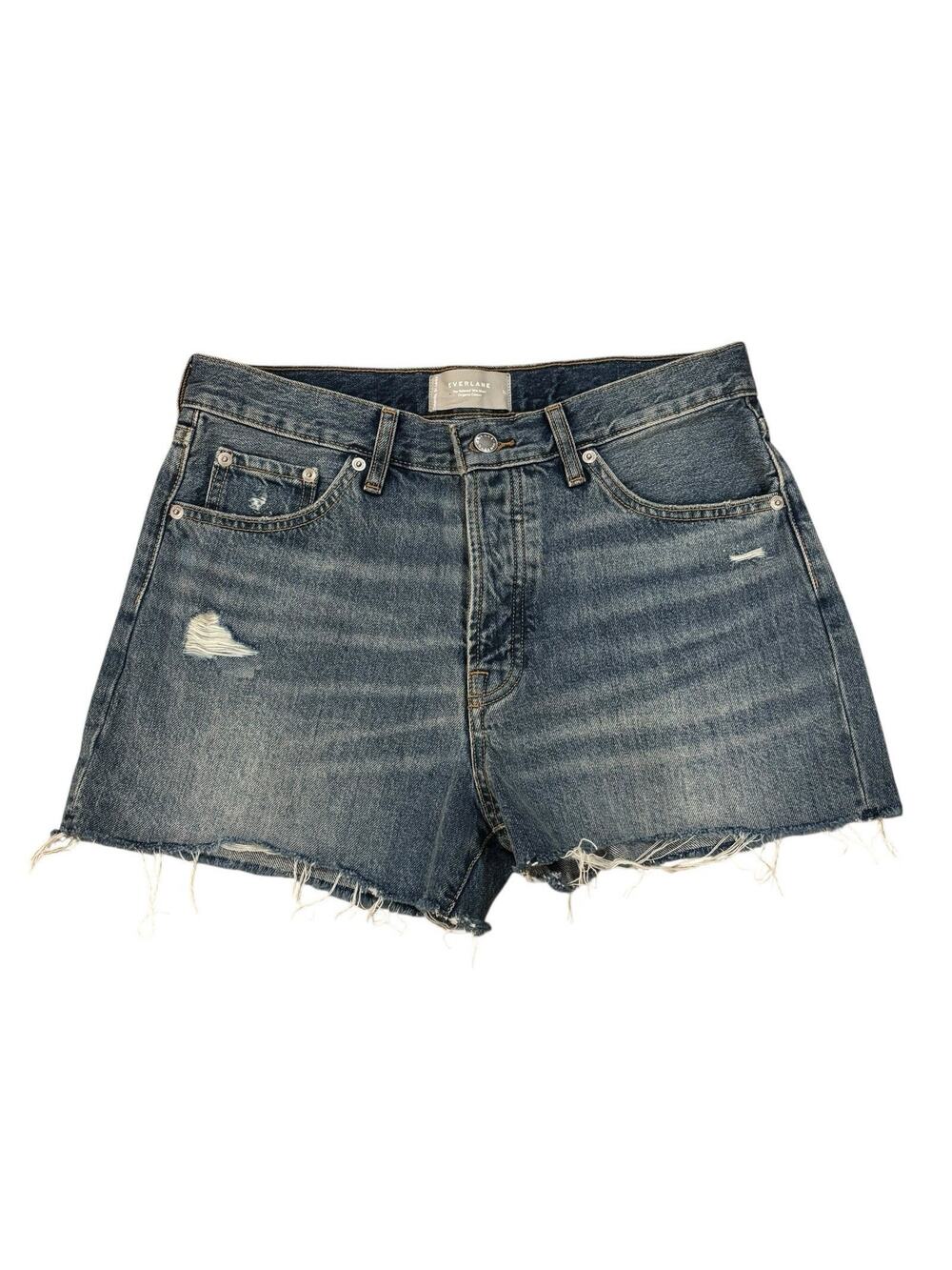 Everlane Relaxed Fit High Rise Button Fly Blue Frayed Hem Denim Shorts Size 27